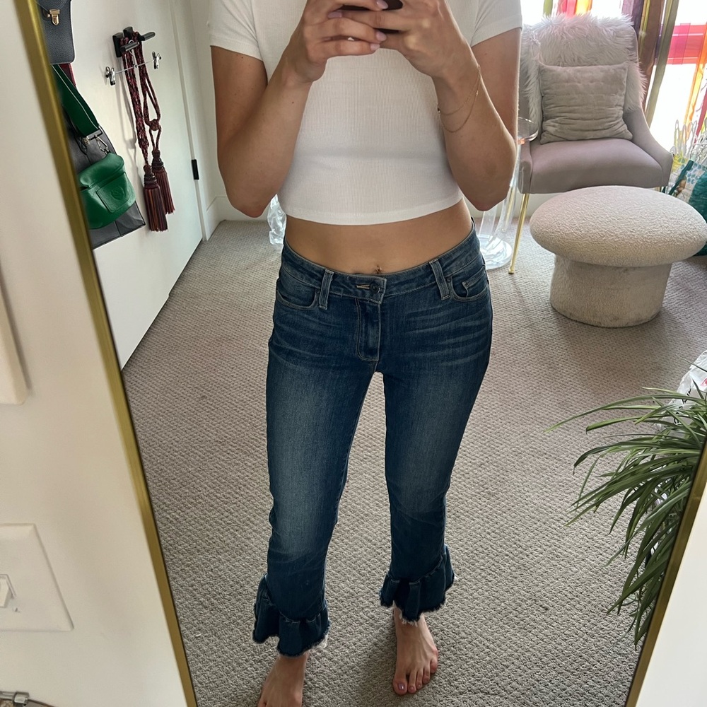 PAIGE Blue Ankle Cropped Jeans with Flared Ruffle Hem